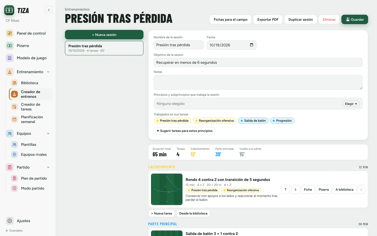 Sesión de entrenamiento con sus tareas por partes y los tiempos