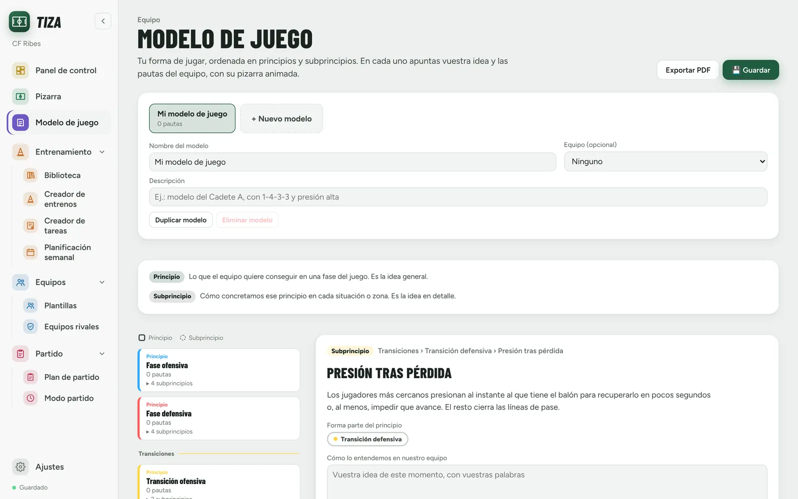 Modelo de juego con el subprincipio presión tras pérdida
