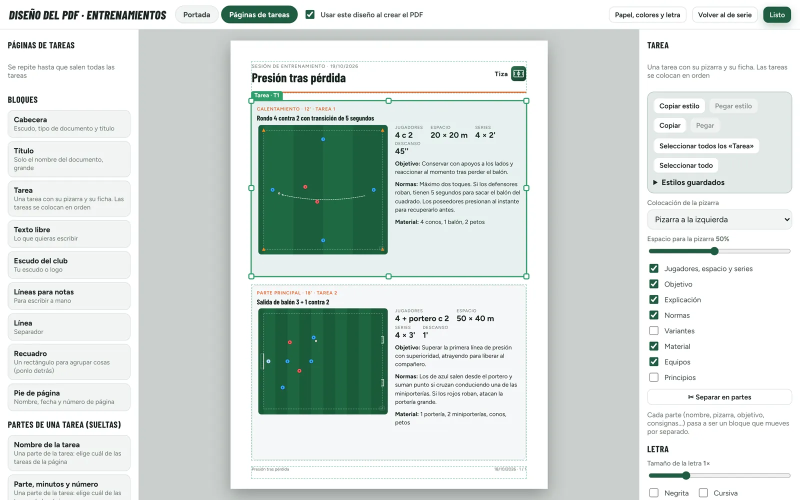 Editor de diseño del PDF con los bloques de una tarea sobre la página
