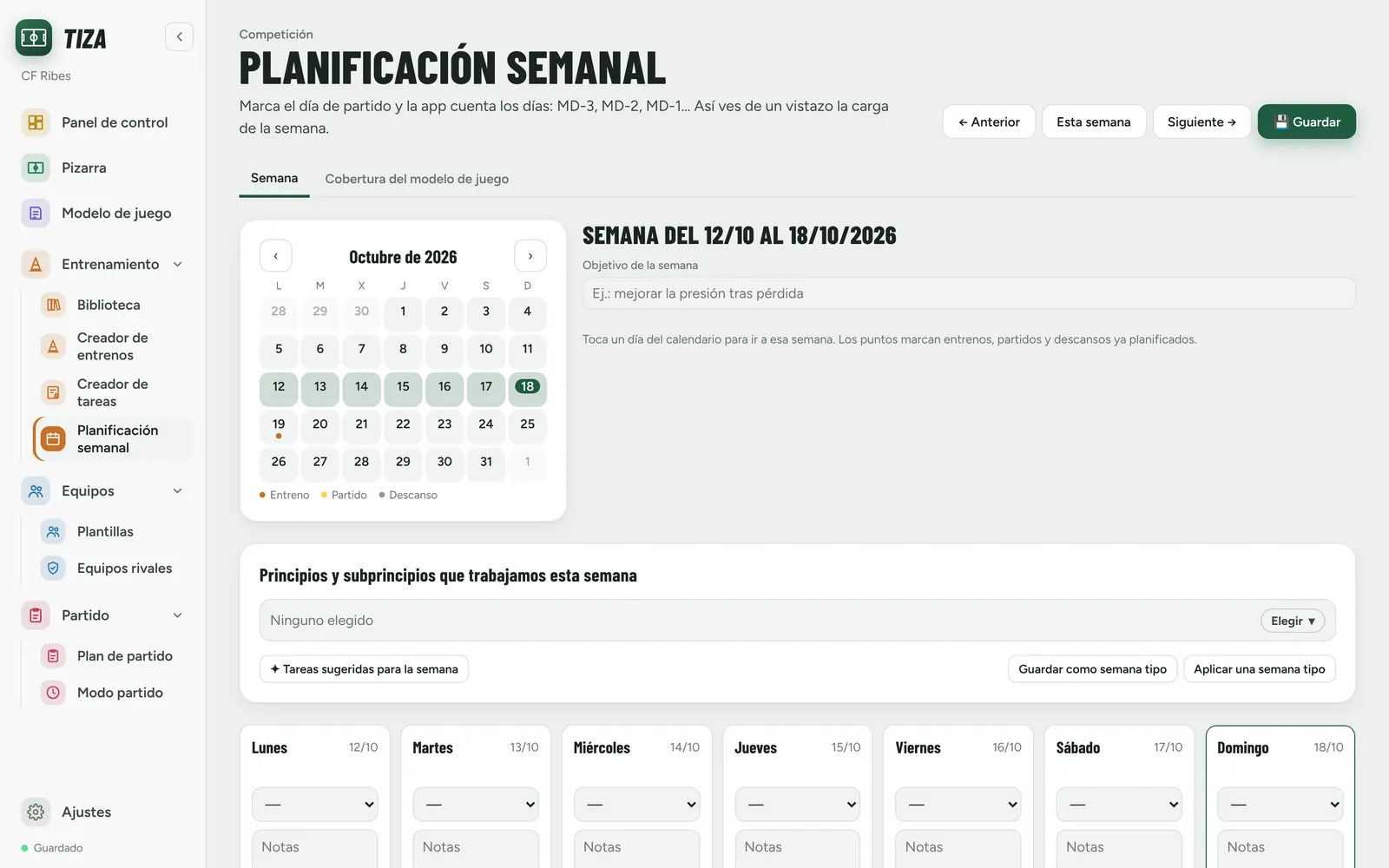 Planificación semanal con el calendario y los días hasta el partido